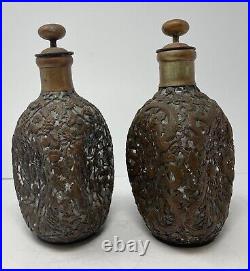 Two Vintage Chinese Silver Bronze Overlay Glass Decanter