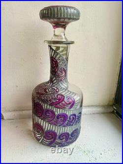Unusual Vintage Signed Hand Painted Glass Decanter 10.5