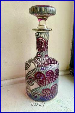 Unusual Vintage Signed Hand Painted Glass Decanter 10.5