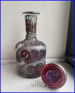 Unusual Vintage Signed Hand Painted Glass Decanter 10.5
