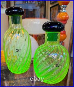 V. Nason Vintage Modernist Murano Twisted Vaseline Glass Decanters Bottles Pair