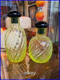 V. Nason Vintage Modernist Murano Twisted Vaseline Glass Decanters Bottles Pair
