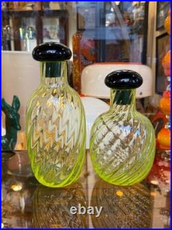 V. Nason Vintage Modernist Murano Twisted Vaseline Glass Decanters Bottles Pair
