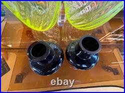V. Nason Vintage Modernist Murano Twisted Vaseline Glass Decanters Bottles Pair