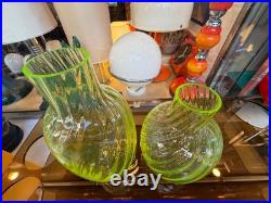 V. Nason Vintage Modernist Murano Twisted Vaseline Glass Decanters Bottles Pair