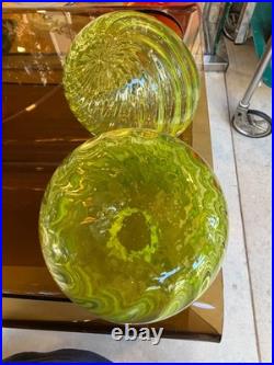 V. Nason Vintage Modernist Murano Twisted Vaseline Glass Decanters Bottles Pair