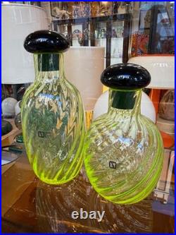 V. Nason Vintage Modernist Murano Twisted Vaseline Glass Decanters Bottles Pair