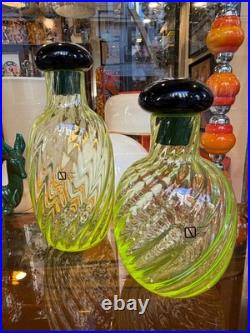 V. Nason Vintage Modernist Murano Twisted Vaseline Glass Decanters Bottles Pair