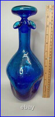 VIBRANT! Vintage BLENKO Cobalt Blue Pinch Crackle Glass Decanter withStopper 12H