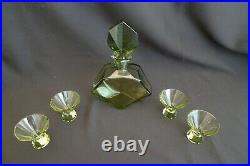 VINTAGE 5 PC FANCY SHAPED DECANTER SAKE CORDIAL SET OLIVE GREEN GLASS With STOPPER