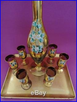 VINTAGE 50's HAND PAINTED MURANO AMETHYST PLUM RED GLASSES DECANTER SET ITALY