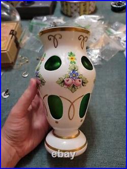 VINTAGE BOHEMIAN CZECH WHITE CASED OVER GREEN GLASS VASE with ENAMELED FLORALS