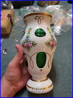 VINTAGE BOHEMIAN CZECH WHITE CASED OVER GREEN GLASS VASE with ENAMELED FLORALS