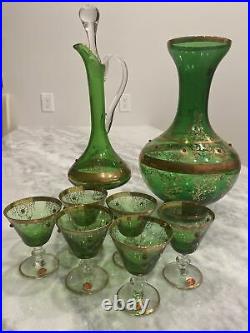 VINTAGE BOHEMIAN GLASS EMERALD GREEN With GOLD TRIM DECANTER, 6 WINE GLASSES & VASE
