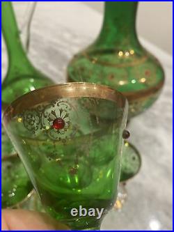 VINTAGE BOHEMIAN GLASS EMERALD GREEN With GOLD TRIM DECANTER, 6 WINE GLASSES & VASE