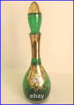 VINTAGE BOHEMIAN GREEN GLASS DECANTER w STOPPER 13H Handpainted Enamel Flower
