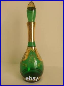 VINTAGE BOHEMIAN GREEN GLASS DECANTER w STOPPER 13H Handpainted Enamel Flower