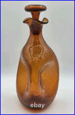 VINTAGE Blenko #49 Amber Crackle Glass Pinched Decanter Winslow Anderson MCM