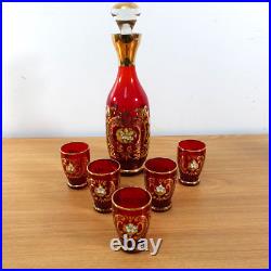 VINTAGE Bohemain Ruby and Gold Trim Glass Decanter WITH GLASSES