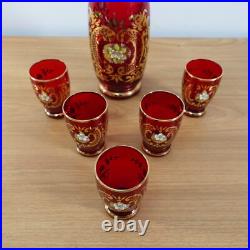 VINTAGE Bohemain Ruby and Gold Trim Glass Decanter WITH GLASSES