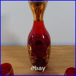 VINTAGE Bohemain Ruby and Gold Trim Glass Decanter WITH GLASSES