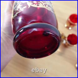 VINTAGE Bohemain Ruby and Gold Trim Glass Decanter WITH GLASSES