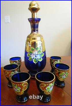 VINTAGE COBALT BLUE GOLD HANDPAINTED DECANTER SET With6 GLASSES BOHEMIAN CZECH