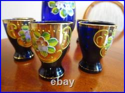 VINTAGE COBALT BLUE GOLD HANDPAINTED DECANTER SET With6 GLASSES BOHEMIAN CZECH