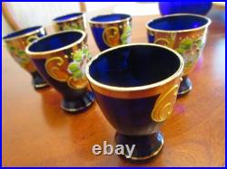 VINTAGE COBALT BLUE GOLD HANDPAINTED DECANTER SET With6 GLASSES BOHEMIAN CZECH