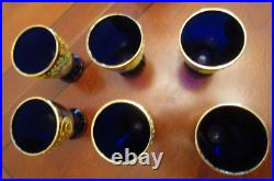 VINTAGE COBALT BLUE GOLD HANDPAINTED DECANTER SET With6 GLASSES BOHEMIAN CZECH
