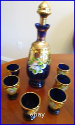 VINTAGE COBALT BLUE GOLD HANDPAINTED DECANTER SET With6 GLASSES BOHEMIAN CZECH