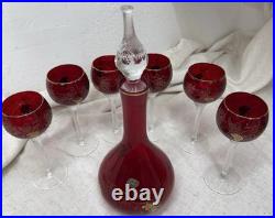 VINTAGE CZECH BOHEMIAN RUBY GLASS DECANTER & 5 GOBLET SET GOLD GRAPE DESIGN Boho