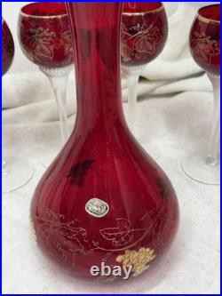 VINTAGE CZECH BOHEMIAN RUBY GLASS DECANTER & 5 GOBLET SET GOLD GRAPE DESIGN Boho