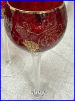 VINTAGE CZECH BOHEMIAN RUBY GLASS DECANTER & 5 GOBLET SET GOLD GRAPE DESIGN Boho