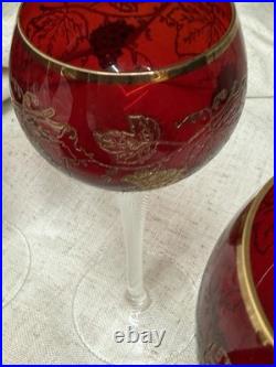 VINTAGE CZECH BOHEMIAN RUBY GLASS DECANTER & 5 GOBLET SET GOLD GRAPE DESIGN Boho