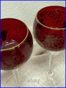 VINTAGE CZECH BOHEMIAN RUBY GLASS DECANTER & 5 GOBLET SET GOLD GRAPE DESIGN Boho