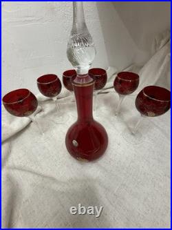 VINTAGE CZECH BOHEMIAN RUBY GLASS DECANTER & 5 GOBLET SET GOLD GRAPE DESIGN Boho