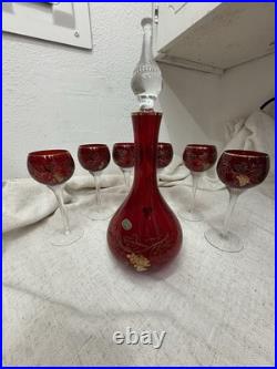 VINTAGE CZECH BOHEMIAN RUBY GLASS DECANTER & 5 GOBLET SET GOLD GRAPE DESIGN Boho