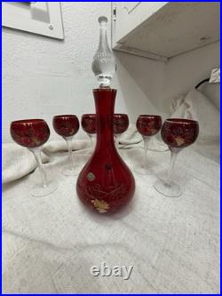 VINTAGE CZECH BOHEMIAN RUBY GLASS DECANTER & 5 GOBLET SET GOLD GRAPE DESIGN Boho