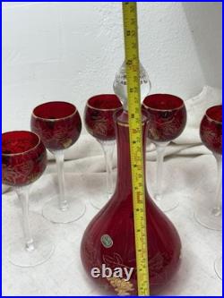 VINTAGE CZECH BOHEMIAN RUBY GLASS DECANTER & 5 GOBLET SET GOLD GRAPE DESIGN Boho
