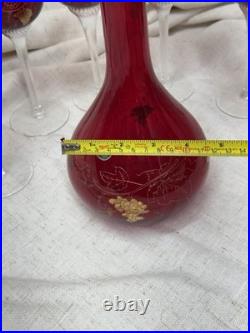 VINTAGE CZECH BOHEMIAN RUBY GLASS DECANTER & 5 GOBLET SET GOLD GRAPE DESIGN Boho