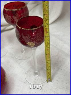 VINTAGE CZECH BOHEMIAN RUBY GLASS DECANTER & 5 GOBLET SET GOLD GRAPE DESIGN Boho