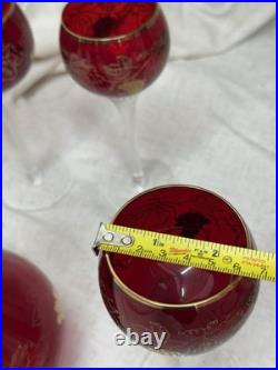 VINTAGE CZECH BOHEMIAN RUBY GLASS DECANTER & 5 GOBLET SET GOLD GRAPE DESIGN Boho
