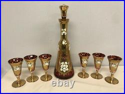 VINTAGE CZECH BOHEMIAN RUBY GOLD ENCRUSTED w FLOWERS DECANTER & 6 CORDIALS MIB