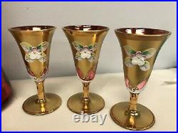 VINTAGE CZECH BOHEMIAN RUBY GOLD ENCRUSTED w FLOWERS DECANTER & 6 CORDIALS MIB
