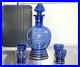 VINTAGE-DECANTER-SET-COBALT-BLUE-GLASS-With-Gold-Overlay-With-4-Glasses-wine-01-ls