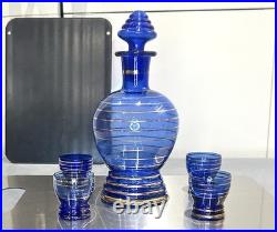 VINTAGE DECANTER SET COBALT BLUE GLASS With Gold Overlay With 4 Glasses wine