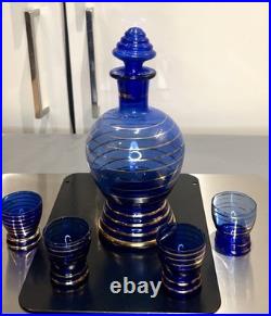 VINTAGE DECANTER SET COBALT BLUE GLASS With Gold Overlay With 4 Glasses wine