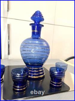 VINTAGE DECANTER SET COBALT BLUE GLASS With Gold Overlay With 4 Glasses wine