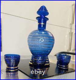 VINTAGE DECANTER SET COBALT BLUE GLASS With Gold Overlay With 4 Glasses wine